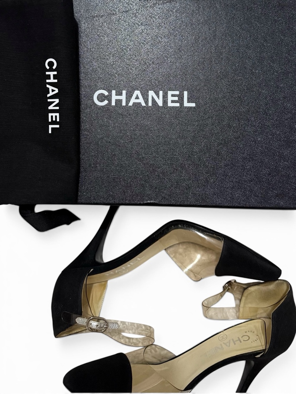 Chanel Black Fabric & Clear PVC Pointed-Toe Heels – Size 37.5
